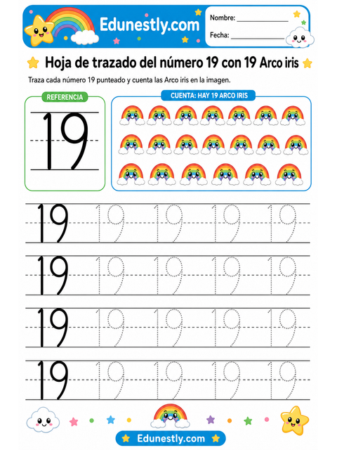 Hoja de trazado del número 19 con 19 Arco iris