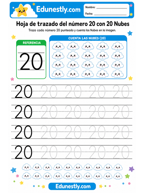 Hoja de trazado del número 20 con 20 Nubes