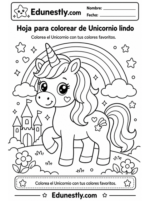 Hoja para colorear de Unicornio lindo