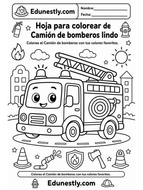 Hoja para colorear de Camión de bomberos lindo