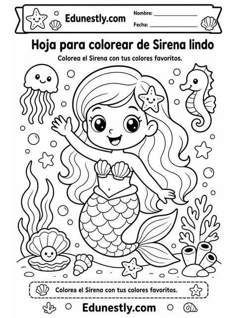 Hoja para colorear de Sirena lindo