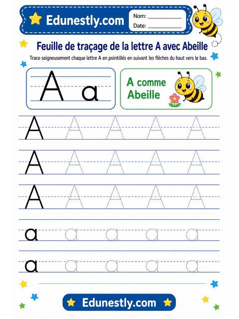 Feuille de traçage de la lettre A avec Abeille