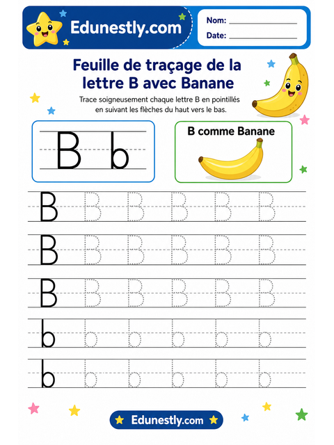 Feuille de traçage de la lettre B avec Banane