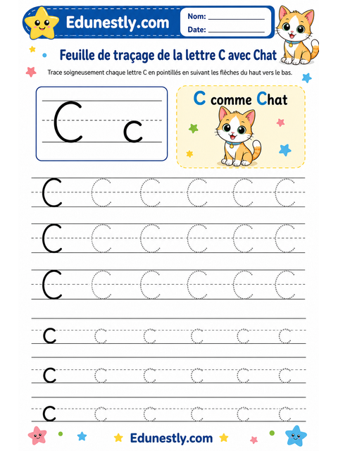 Feuille de traçage de la lettre C avec Chat