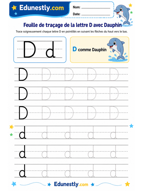 Feuille de traçage de la lettre D avec Dauphin