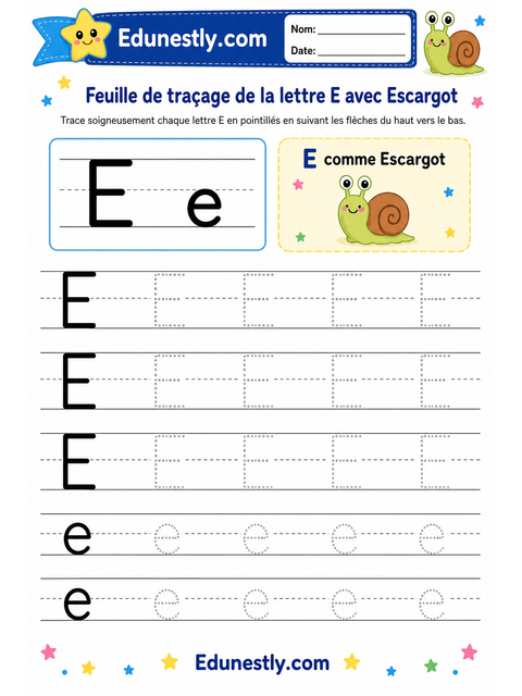 Feuille de traçage de la lettre E avec Escargot