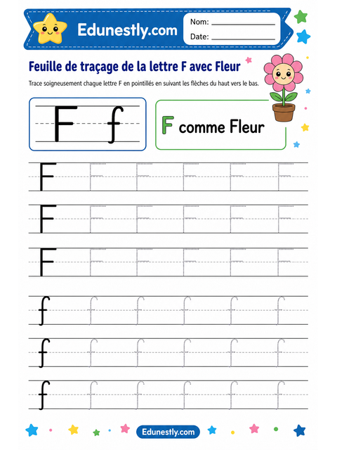 Feuille de traçage de la lettre F avec Fleur