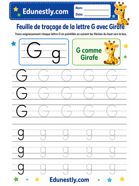 Feuille de traçage de la lettre G avec Girafe