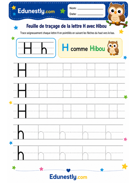 Feuille de traçage de la lettre H avec Hibou
