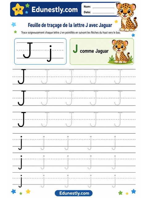 Feuille de traçage de la lettre J avec Jaguar