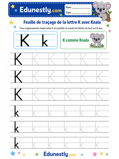 Feuille de traçage de la lettre K avec Koala