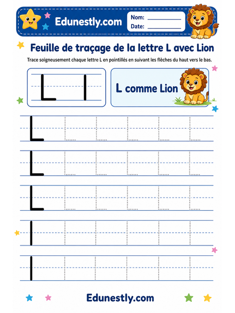 Feuille de traçage de la lettre L avec Lion