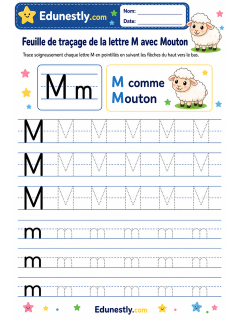 Feuille de traçage de la lettre M avec Mouton