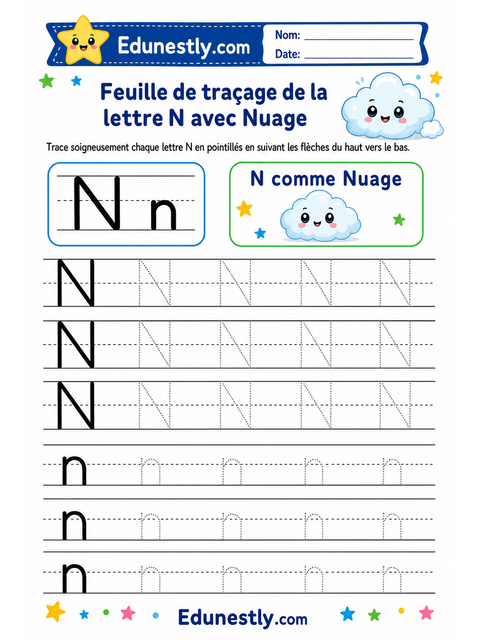 Feuille de traçage de la lettre N avec Nuage