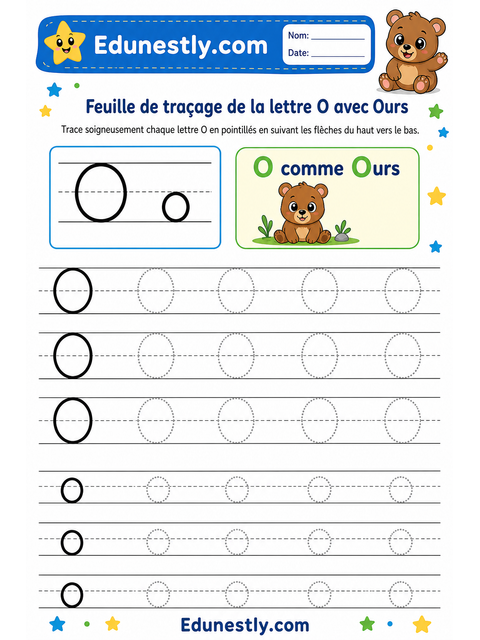 Feuille de traçage de la lettre O avec Ours