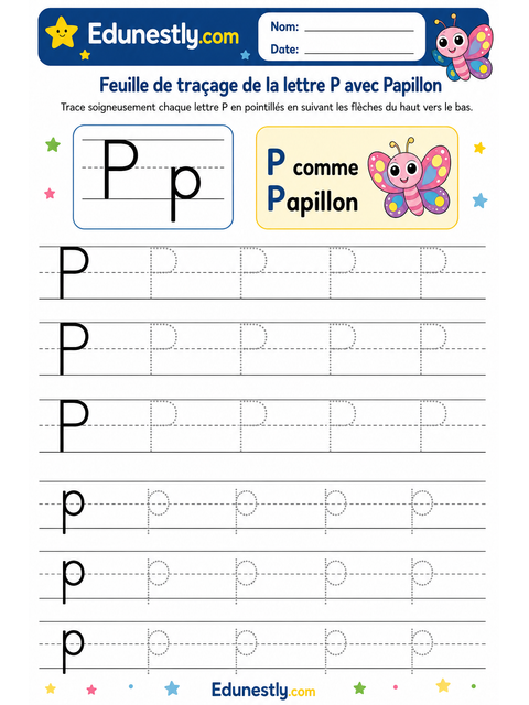 Feuille de traçage de la lettre P avec Papillon