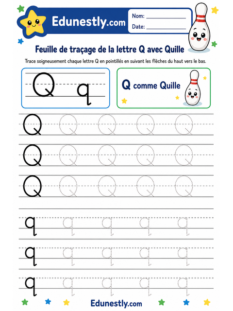 Feuille de traçage de la lettre Q avec Quille