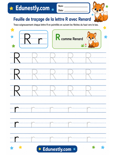 Feuille de traçage de la lettre R avec Renard