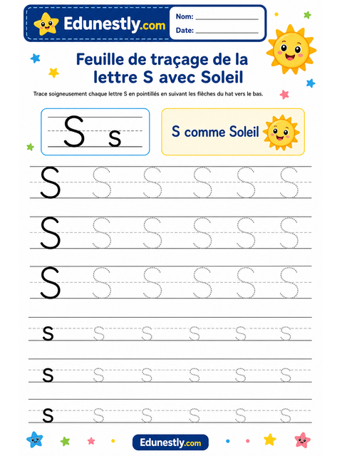 Feuille de traçage de la lettre S avec Soleil