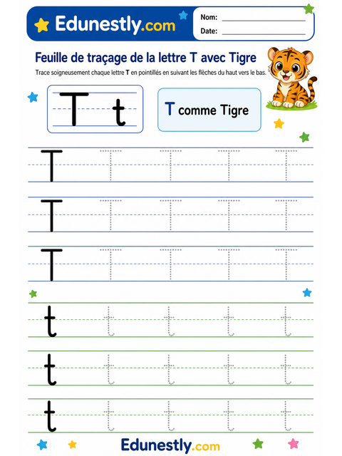 Feuille de traçage de la lettre T avec Tigre