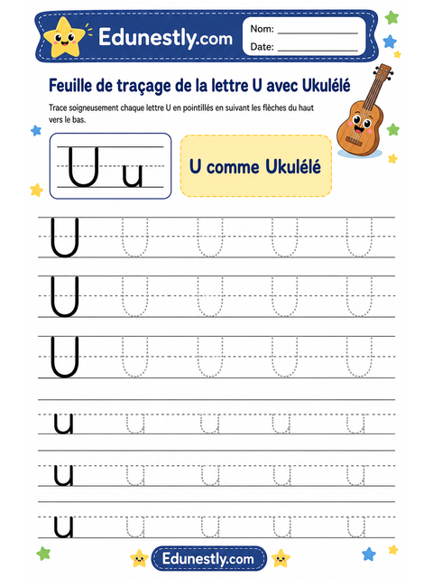 Feuille de traçage de la lettre U avec Ukulélé