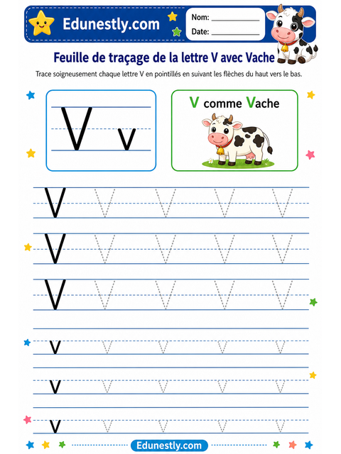 Feuille de traçage de la lettre V avec Vache