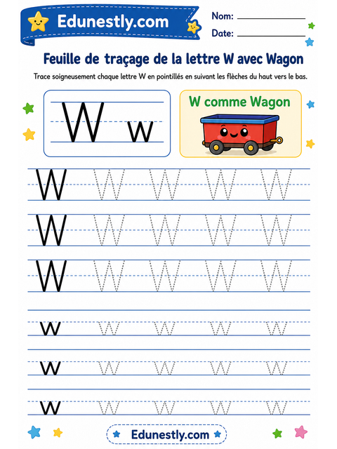 Feuille de traçage de la lettre W avec Wagon