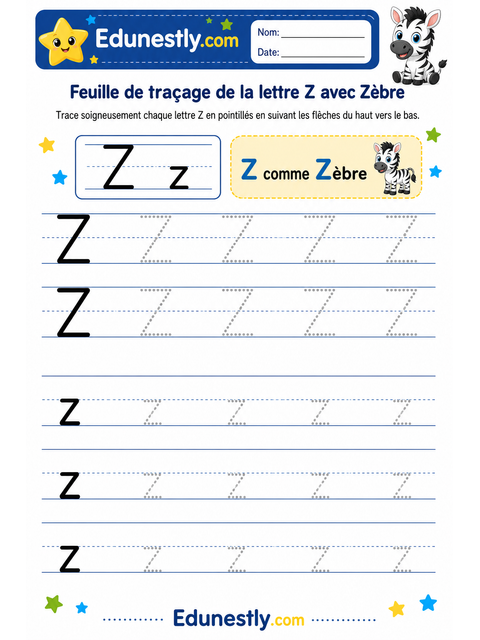 Feuille de traçage de la lettre Z avec Zèbre