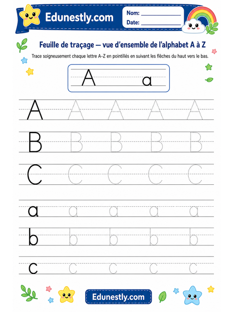 Feuille de traçage — vue d'ensemble de l'alphabet A à Z