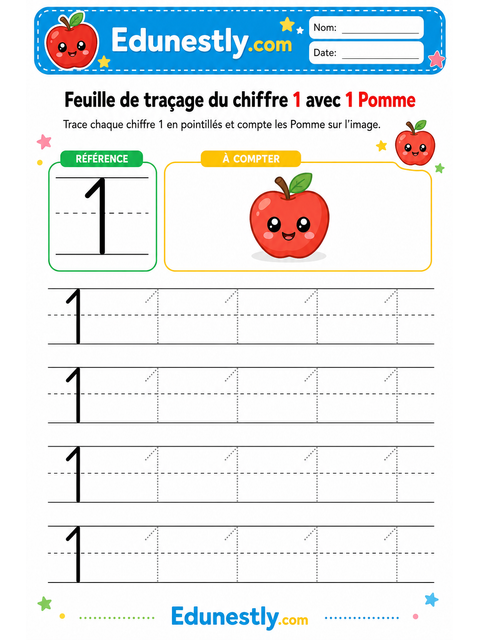 Feuille de traçage du chiffre 1 avec 1 Pomme