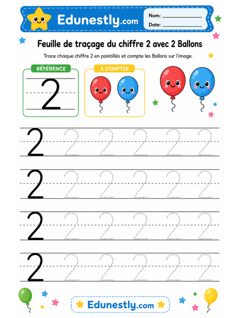 Feuille de traçage du chiffre 2 avec 2 Ballons