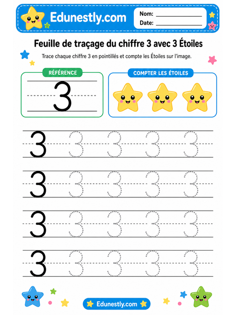 Feuille de traçage du chiffre 3 avec 3 Étoiles