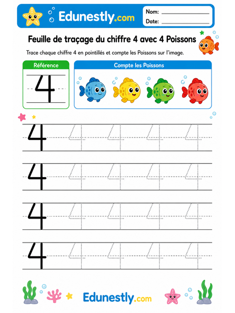 Feuille de traçage du chiffre 4 avec 4 Poissons