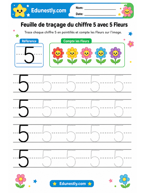 Feuille de traçage du chiffre 5 avec 5 Fleurs