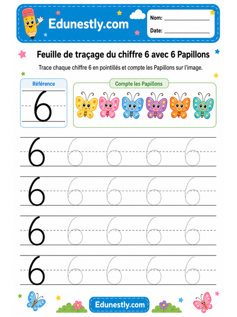 Feuille de traçage du chiffre 6 avec 6 Papillons