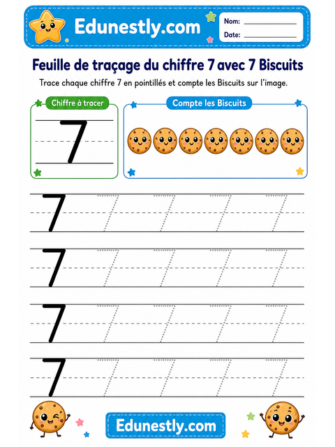 Feuille de traçage du chiffre 7 avec 7 Biscuits