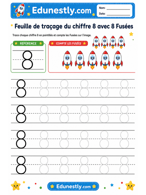 Feuille de traçage du chiffre 8 avec 8 Fusées