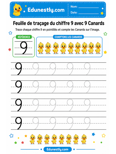 Feuille de traçage du chiffre 9 avec 9 Canards