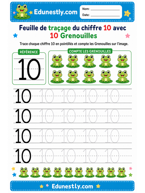 Feuille de traçage du chiffre 10 avec 10 Grenouilles