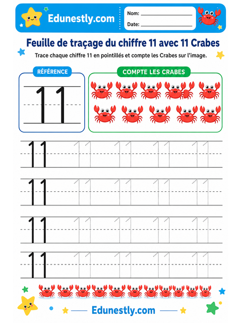 Feuille de traçage du chiffre 11 avec 11 Crabes