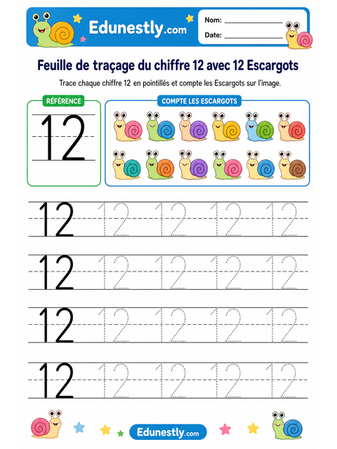 Feuille de traçage du chiffre 12 avec 12 Escargots