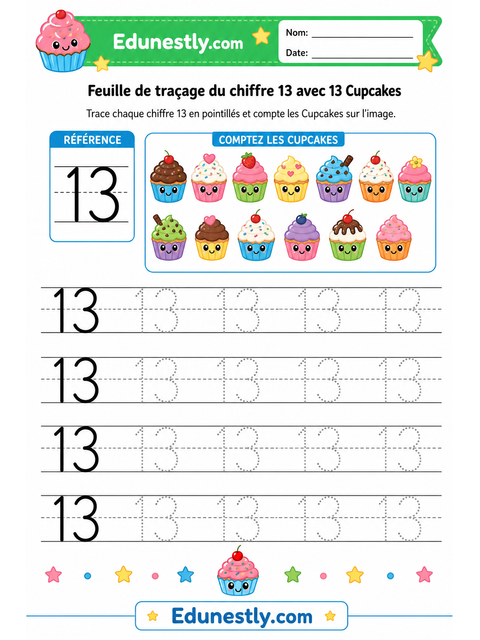 Feuille de traçage du chiffre 13 avec 13 Cupcakes