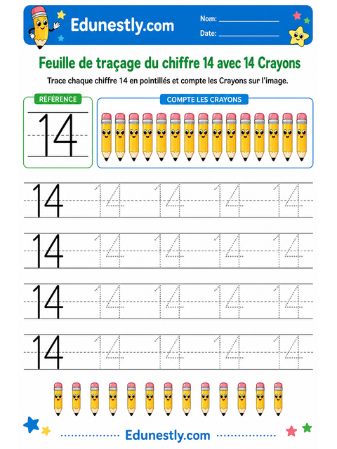 Feuille de traçage du chiffre 14 avec 14 Crayons