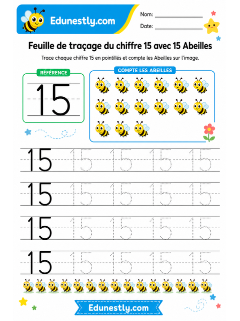 Feuille de traçage du chiffre 15 avec 15 Abeilles