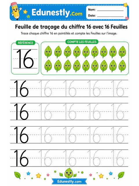 Feuille de traçage du chiffre 16 avec 16 Feuilles