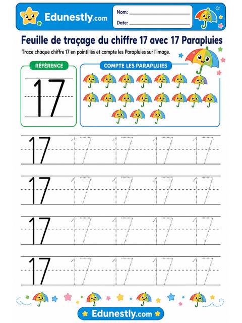 Feuille de traçage du chiffre 17 avec 17 Parapluies