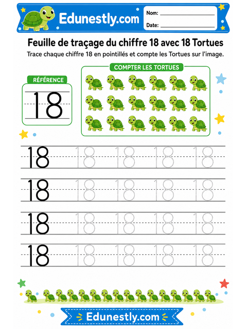 Feuille de traçage du chiffre 18 avec 18 Tortues