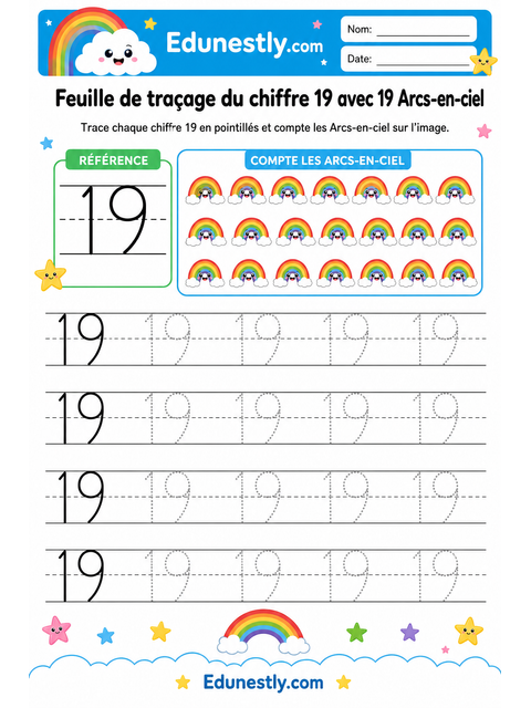 Feuille de traçage du chiffre 19 avec 19 Arcs-en-ciel