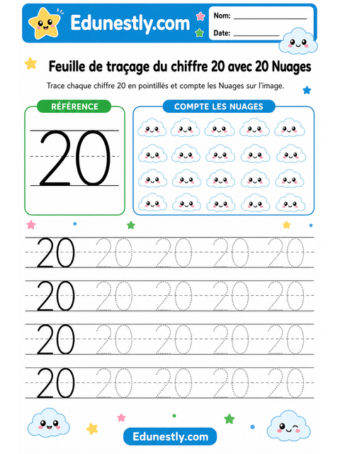 Feuille de traçage du chiffre 20 avec 20 Nuages