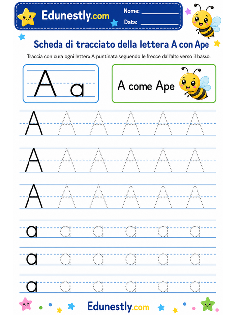 Scheda di tracciato della lettera A con Ape